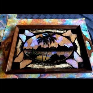 VTGE Butterfly Wings Iridescent Teak Glass Tray Rio De Janerio